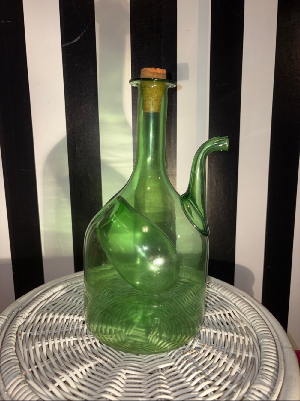 Vintage 70s Green Glass Wine Decanter with Pour Spout Retro Bar Vineyard Decor